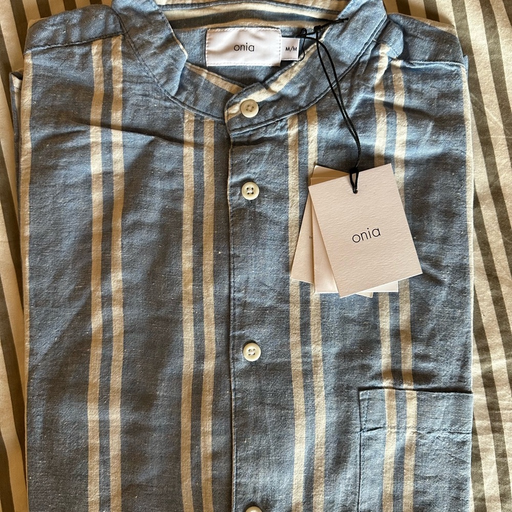 Onia Blue Striped Button-Up Linen Shirt NWT
